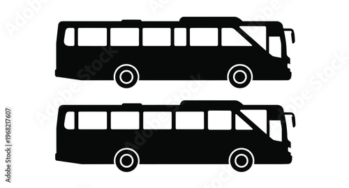 Two black bus silhouettes side view ideal for design on transparent background