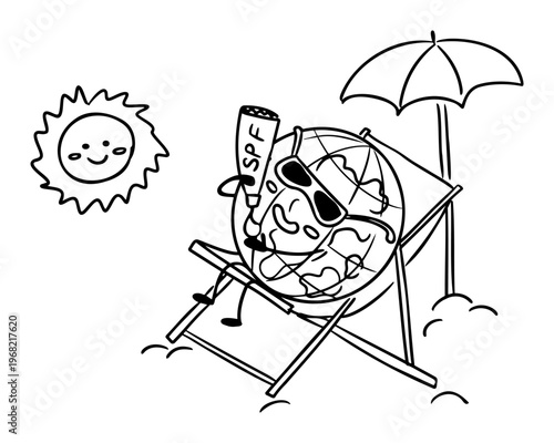 Cartoon illustration of a smiling sun character with sunglasses and a beach umbrella, while a relaxed character with SPF lotion enjoys a sunny day on a deck chair