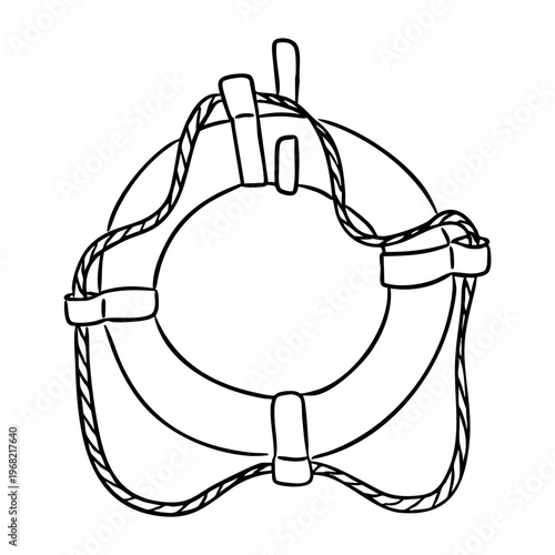 Illustration of a circular life preserver with ropes and straps, designed for water safety, depicted in a simple black and white line art style