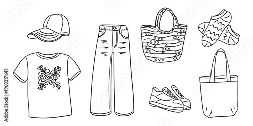 Illustration of casual clothing items including a cap, t-shirt, jeans, sneakers, socks, and two types of bags arranged in a flat layout