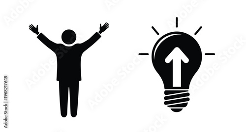 A person celebrating with a lightbulb idea on transparent background silhouette