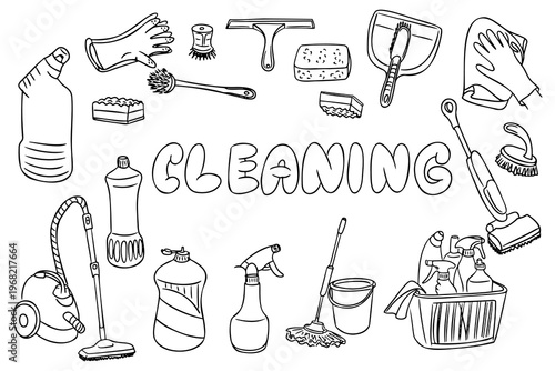 Cleaning supplies illustration featuring various tools and products including a vacuum cleaner, spray bottles, sponges, and gloves arranged around the word CLEANING