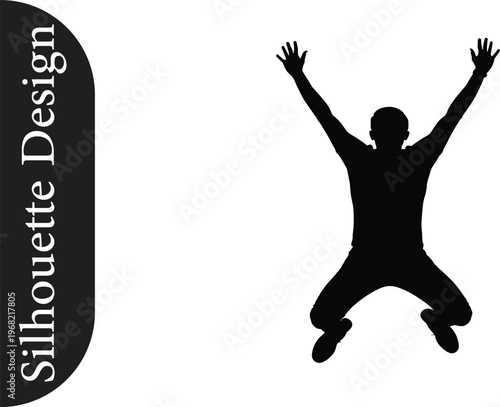 Energetic silhouette of a person joyfully jumping with arms raised high, celebrating a moment of freedom, success, and pure exhilaration against a clean, minimalist background