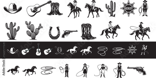 Wild west cowboy icons set vector, hat boots horse cactus sheriff badge lasso guitar silhouette collection flat design pack