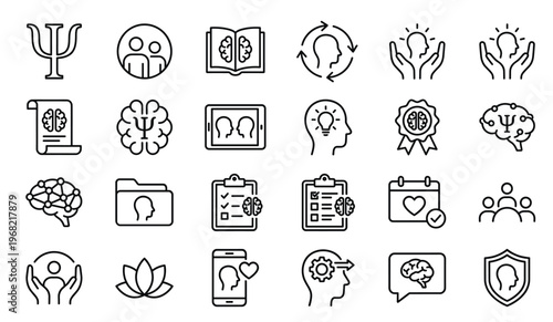 A collection of linear icons representing various aspects of psychology mental health and therapeutic processes high-quality professional detailed modern elegant