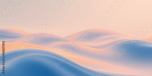 An abstract blue landscape background featuring wavy sand dunes under a sunset sky with golden clouds and misty mountain silhouettes in the light of a Sahara sunrise