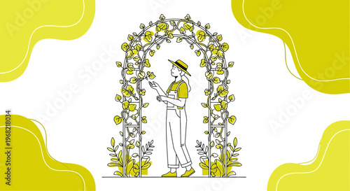 Gardener Woman Admiring Flowers in Garden Archway - Line Art Illustration
