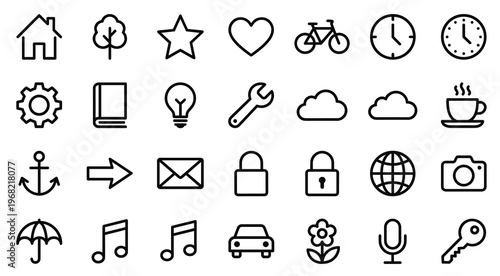 A collection of simple black and white line icons depicting various objects and concepts like homes hearts and transportation high-quality