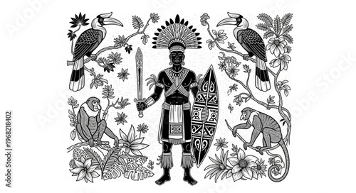 Warrior King adorned with elaborate headdress and shield holding a spear.