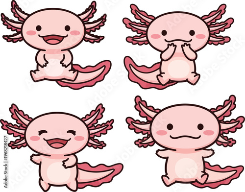Adorable pink axolotl vector illustration with four cute cartoon characters