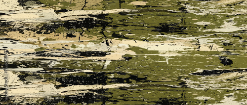 Abstract camouflage pattern with horizontal distressed texture in olive green and beige
