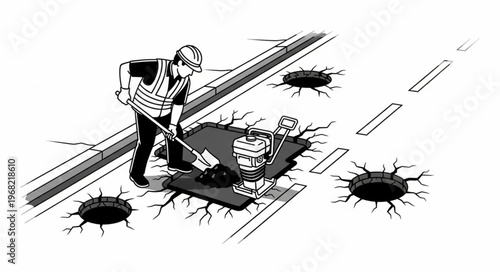 Construction worker repairing road with shovel and compactor.