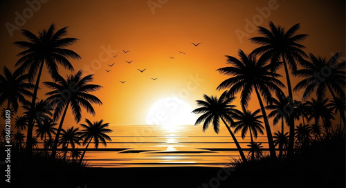 Tropical sunset over the ocean with palm trees silhouette.