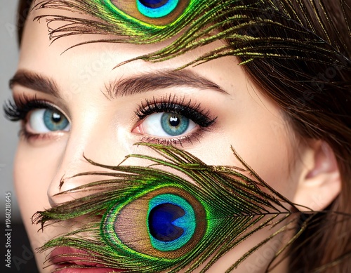 Close-up shot of a woman with striking blue eyes, framed by lush peacock feathers. Makeup is apparent