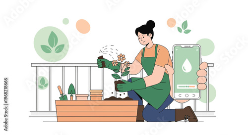 Gardening App: Woman Planting Flowers with Smartphone, Smart Home Technology