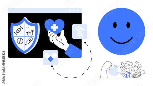 Healthcare concept. Healthcare ed with medical icons, heart symbol, and shield for protection. Healthcare supporting wellness, safety, and positive lifestyle. For health apps, insurance wellness