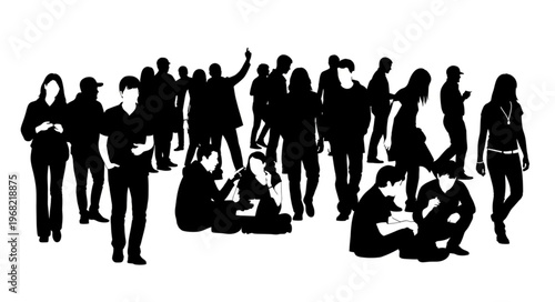 Diverse Group of People Silhouettes Standing and Sitting Together.