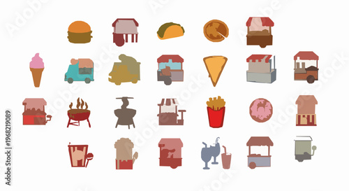 Modern cartoon street food kiosk icons collection with fast food carts and urban snack stalls