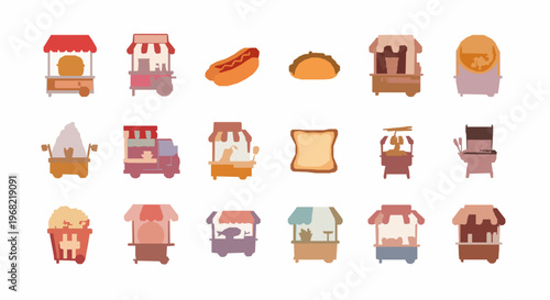Cartoon street food kiosk icon set with burger, taco, coffee cart, and fast food stalls collection
