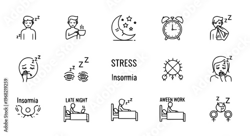 Minimal insomnia outline icon set with sleepless man, coffee, stress, and sleep disorder symbols