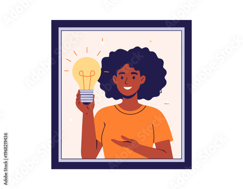 Woman holding a glowing light bulb, symbolizing a bright new idea or innovation