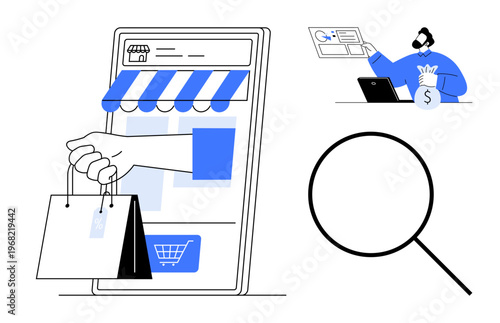 E-commerce, online shopping, digital payments, retail business, product search, customer interaction. Mobile storefront with shopping bags, payment illustration and magnifying glass icon. E-commerce