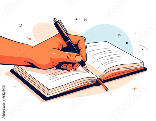 Hand writing in an open notebook with a pen, creative process illustration