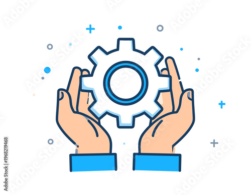Hands carefully holding a white gear with blue outline, symbolizing teamwork and precision