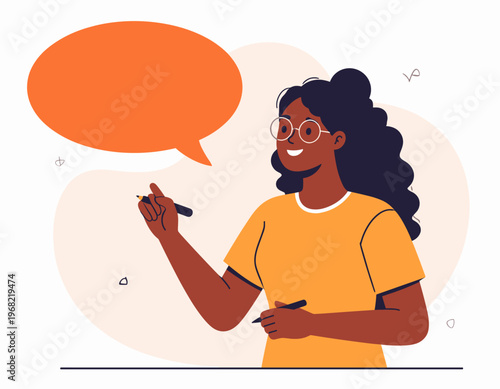 Young woman with glasses and curly hair writing with a pen and speech bubble