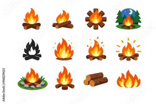 Collection of stylized campfires and burning logs in various arrangements