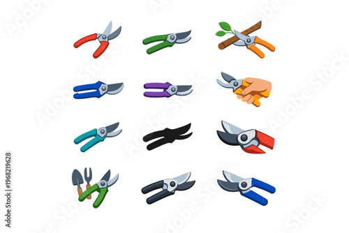 Collection of various pruning shears and gardening tools for plant care