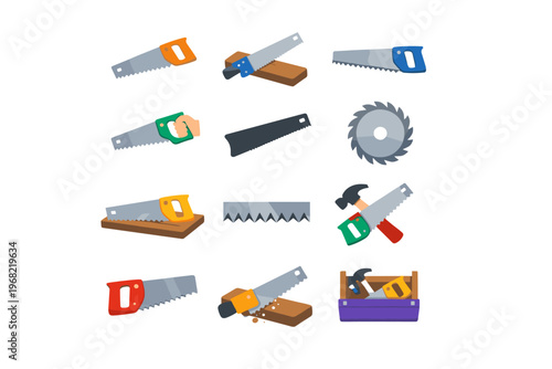 Collection of various hand saws and woodworking tools in a flat design style