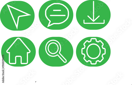 Green UI Icons Set with Navigation Arrow, Chat Bubble, Download, Home, Search and Settings Line Icons