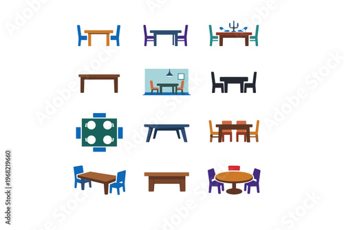 Collection of diverse dining tables and chairs in various styles and colors