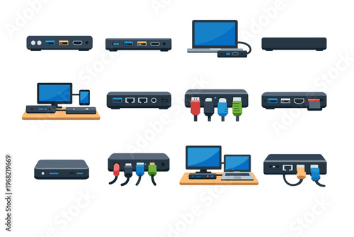 Collection of modern electronic device docking stations and hubs