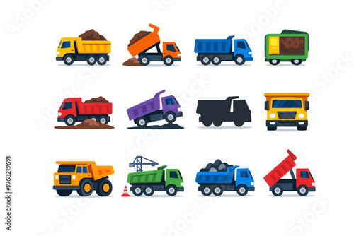 Collection of colorful dump trucks carrying various materials like dirt and rocks