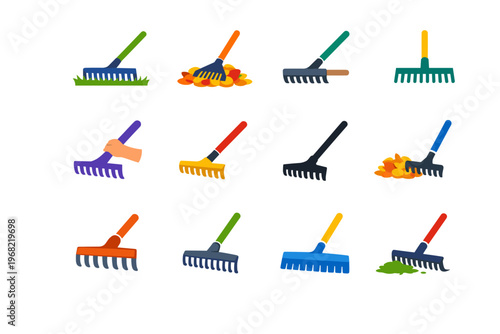 Collection of colorful garden rakes for yard work and leaf collection