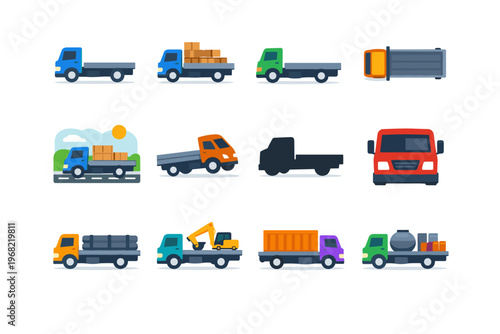 Collection of diverse flat design trucks for various transportation needs