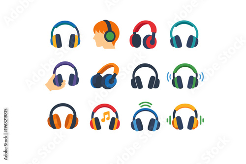 Collection of colorful headphones and audio icons for music and sound