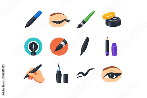 Collection of cosmetic eyeliner and makeup application tools icons