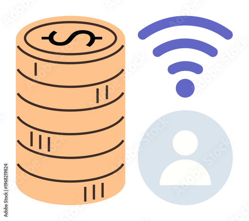 E-commerce, online banking, fintech services, wireless technology, user identity, digital economy. Stack of coins, wireless signal and user icon. E-commerce and online banking concepts