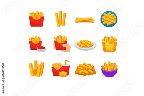 Collection of delicious french fries illustrations in various serving styles and containers