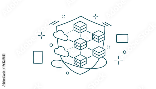 Abstract Blockchain Network with Clouds and Cubes Illustration.