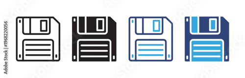 Diskette icon set vintage data storage symbols in outline and solid style vector illustration collection