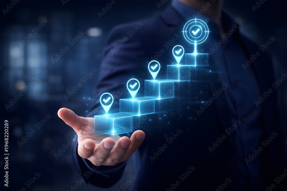 Fototapeta premium Executive Presenting Progress Blocks and Target Markers for Business Roadmap Execution