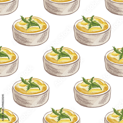 Hand drawn vintage seamless pattern of butter in bowl with herbs detailed dairy food illustration for packaging design