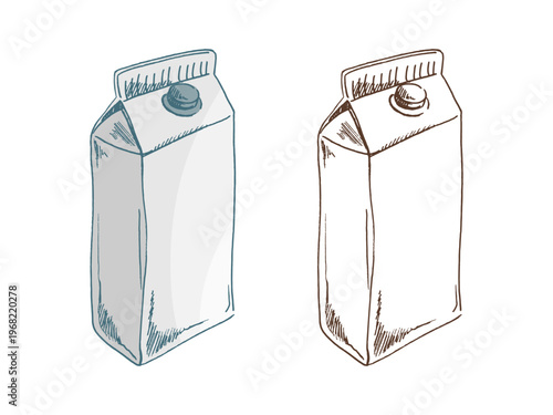 Hand drawn vintage sketch of milk carton package colored and monochrome detailed dairy product illustration set for packaging design