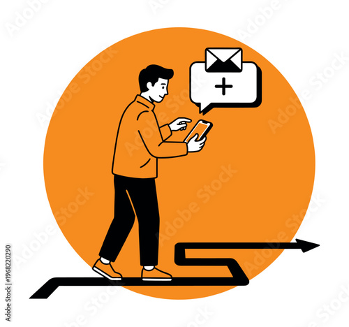 Man using smartphone on path with email notification icon and arrow indicating progress