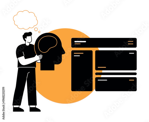 Man holding a giant head with a brain inside, contemplating data on a screen