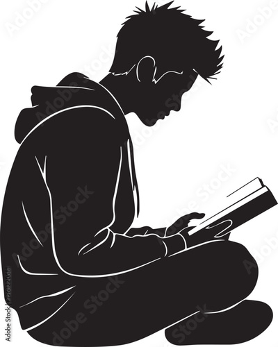 Silhouette of a young student engrossed in reading a book while sitting cross-legged, symbolizing education, knowledge, and quiet study time